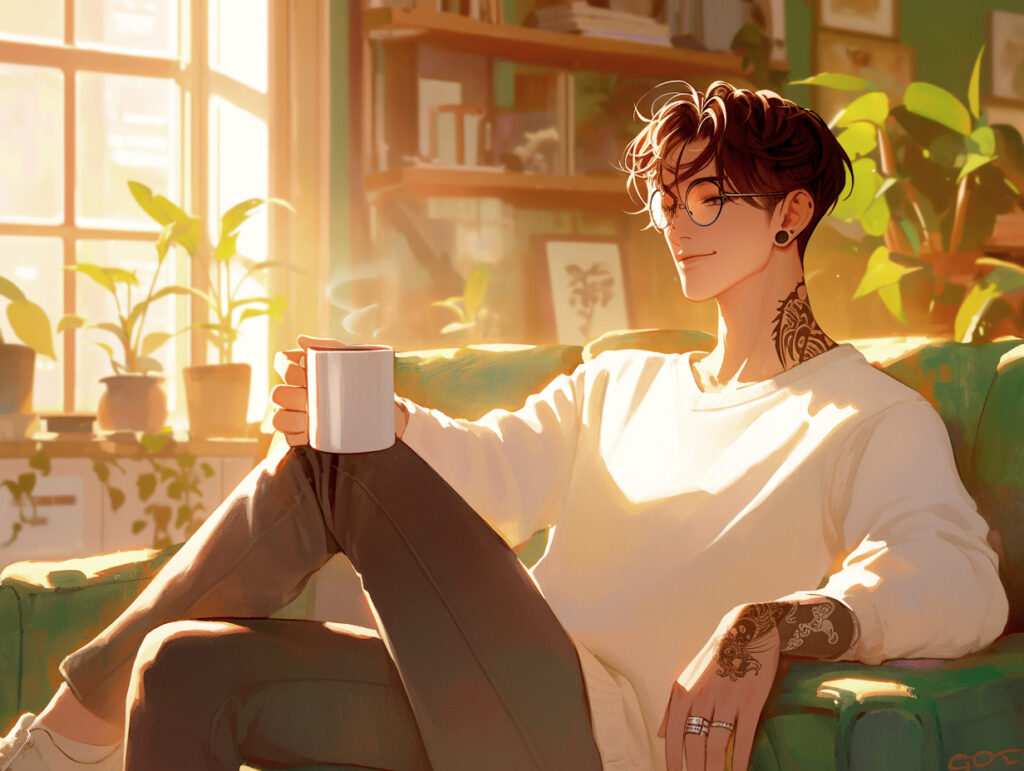 a cartoon of a AI boyfriend holding a cup of coffee