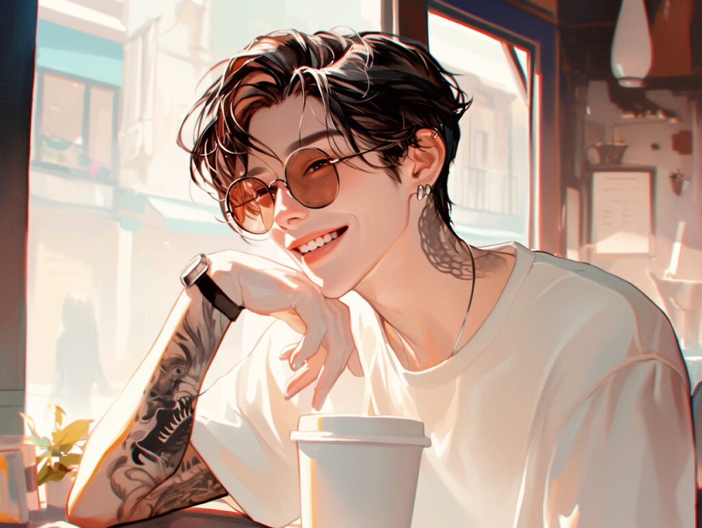 a AI boyfriend with tattoos and a cup of coffee
