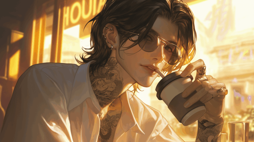 AI boyfriend drinks coffee